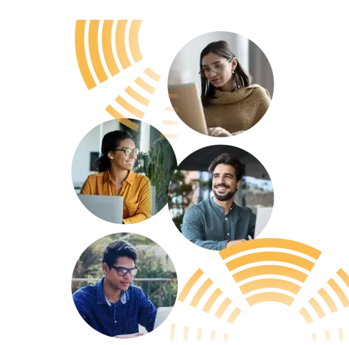 Engaged, happy adult students on computers