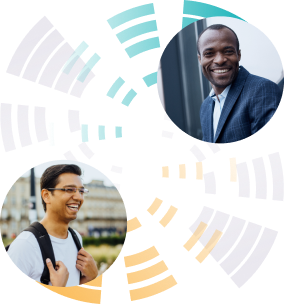 two people in circular photos surrounded by abstract encircling graphcis